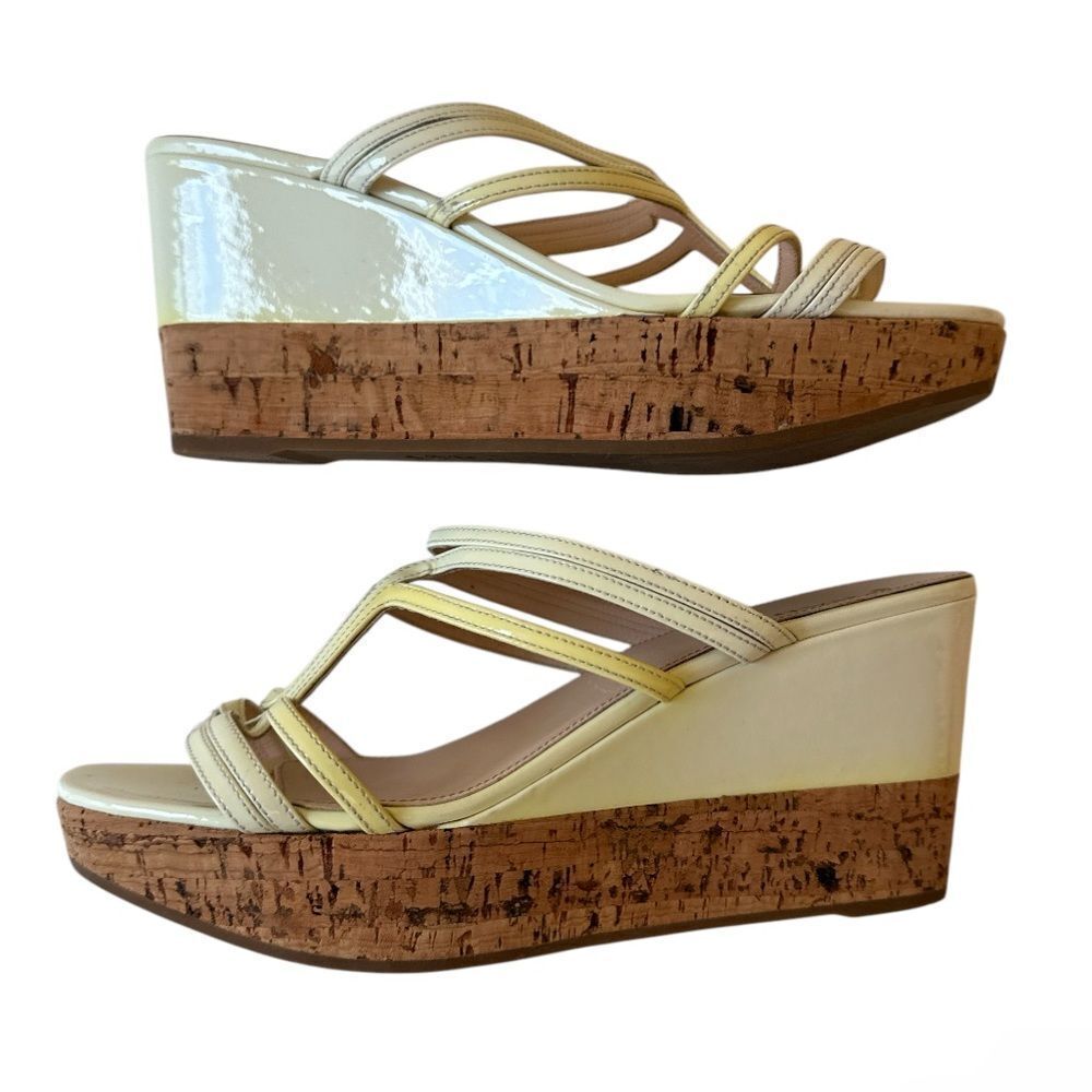 PRADA Beige Wedge Patent Leather Strappy Slide Sandals - Picture 4 of 12